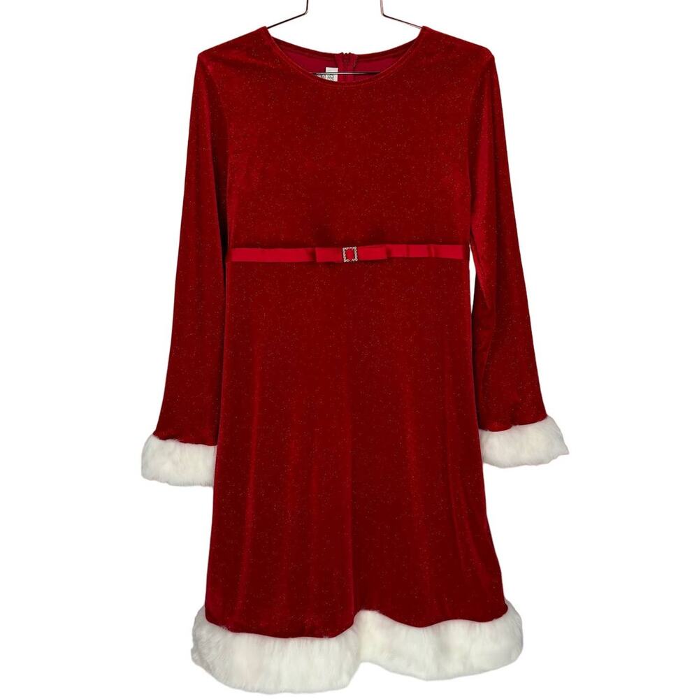 BONNIE JEAN | Red Faux Fur Cuffs & Hem Santa Clause Velvet Dress | Kid's 18 1/2